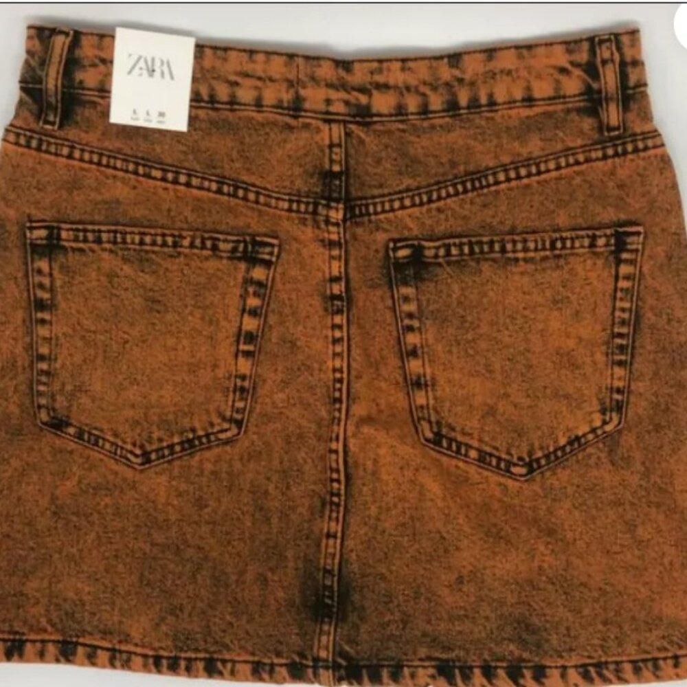 Zara Washed Orange / Brown / Black Distressed Denim Mini Skirt NWT size L - Picture 4 of 4